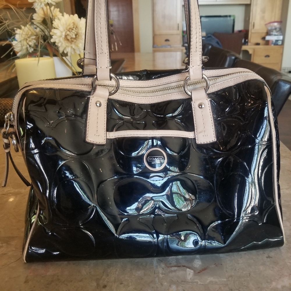 Large Black and Cream Patent Leather Coach Purse